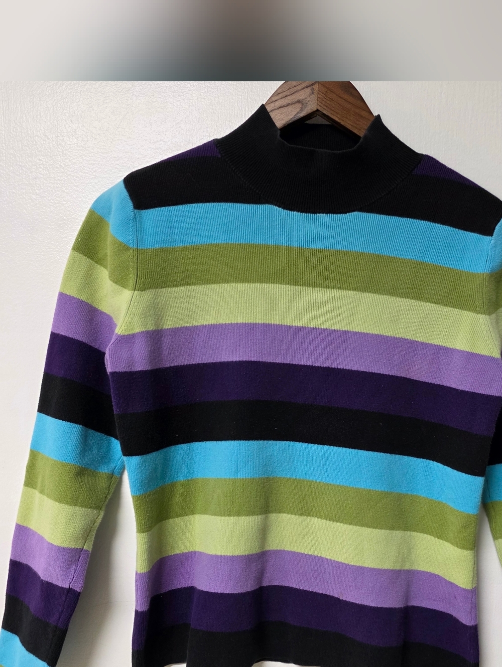 Striped Mock Neck Sweater in Black, Purple & Green I Thinks Size :xs/s